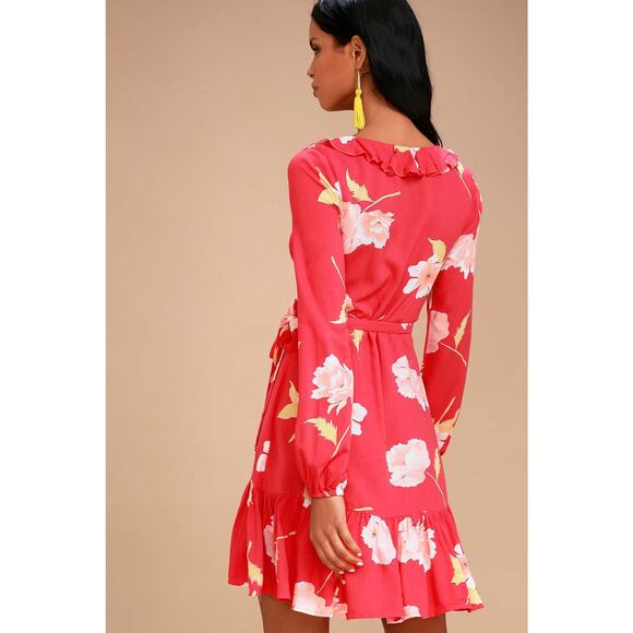 Billabong Size Medium Floral Print Ruff Girl Club Wrap Dress Red - Picture 4 of 8